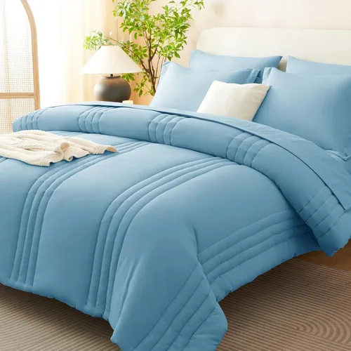 CozyLux Juego de edredón de tamaño matrimonial – Juego de edredón de 7 piezas en una bolsa, juego de edredón azul aguamarina con sábanas de lujo