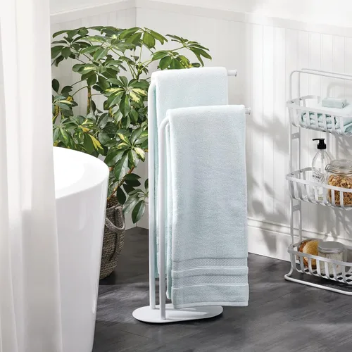 Miniatura 2 de mDesign Toallero alto independiente de acero inoxidable – 2 niveles minimalistas soportes de pedestal para cocina y baño – Estantes para baño