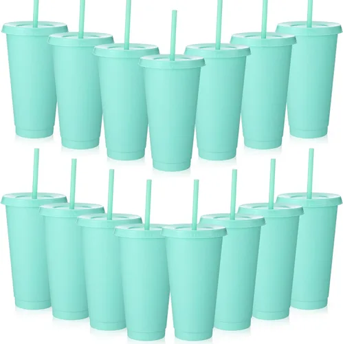 Miniatura 21 de Honeydak Paquete de 60 vasos con popote y tapa, vasos a granel para regalos, tazas de café de plástico con purpurina de 24 a 27 onzas, botella