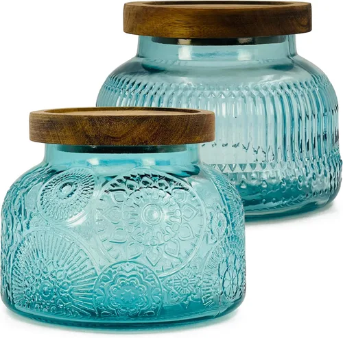 Tarro decorativo de vidrio azul con tapa de madera hermética de 25.4 onzas, 2 piezas, boca ancha, recipientes de almacenamiento de alimentos de