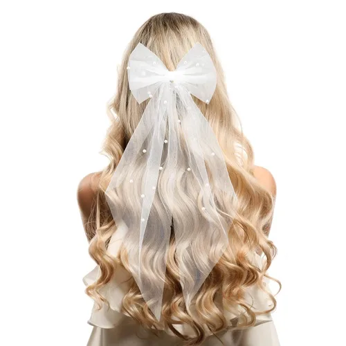 Yolev Velo de lazo para el pelo de novia con velo de novia blanco perla con pasador corto de tul accesorios para el cabello para despedida de