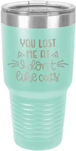 Miniatura 20 de Taza de viaje de acero inoxidable grabada con pajita y tapa superior deslizante, con texto en inglés "You LOST ME AT I DON'T LIKE CATS" Púrpura claro