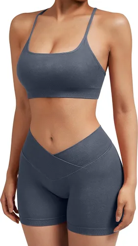 Miniatura 4 de SUUKSESS Conjuntos de entrenamiento cruzado en V para mujer, sujetador deportivo con tiras y pantalones cortos de cintura alta