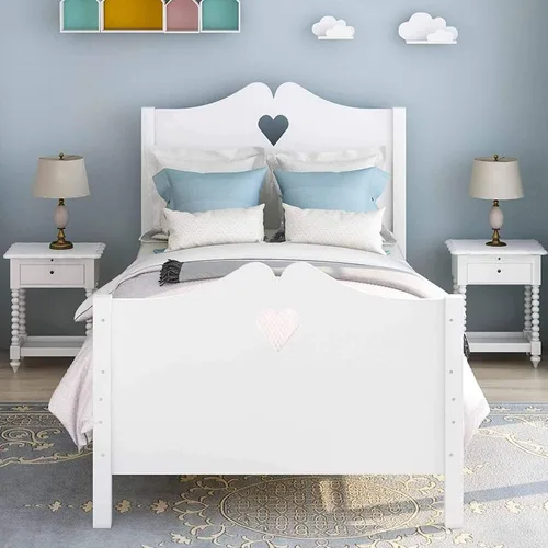Cama individual de madera para niñas, con marco, cabecera y piecera para niñas y niños pequeños