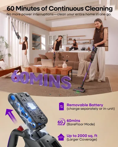 Miniatura 3 de AlloyMove Aspiradora inalámbrica de 45 KPA, hasta 60 minutos de tiempo de funcionamiento, aspiradora de succión ligera y potente para el hogar, 3