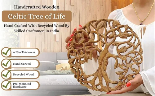 Miniatura 3 de DharmaObjects Árbol celta de madera hecho a mano de la vida decoración de pared colgante de arte (marrón)