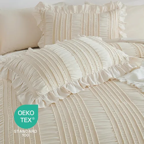 Miniatura 4 de WONGS BEDDING Juego de edredón individual, 6 piezas de cama beige en una bolsa para dormitorio, edredón bohemio con volantes para cama individual