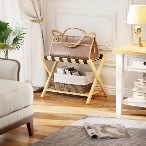 Miniatura 2 de SMIBUY Portaequipajes, soporte plegable de bambú para maleta con estante de almacenamiento para habitación de invitados, dormitorio, hotel, Natural