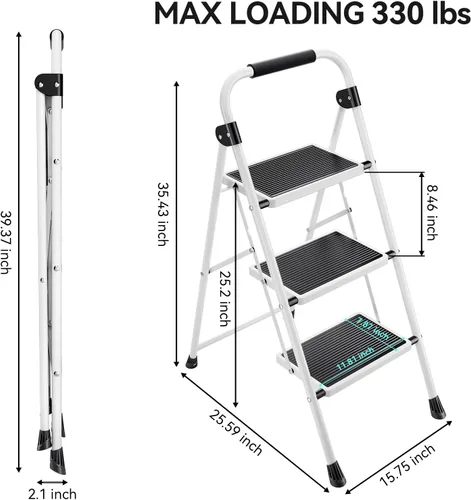 Miniatura 6 de KINGRACK Escalera plegable de 3 escalones con pedal antideslizante y ancho, portátil, plegable, alta y resistente con asa para el hogar, cocina