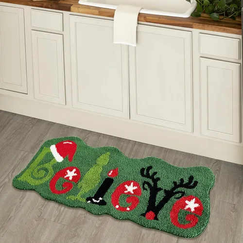 Miniatura 3 de Lindas alfombras navideñas de Ouyattle para baño, tapete antideslizante lavable, verde, con renos de Grinch, divertido tapete de Navidad de 2x3