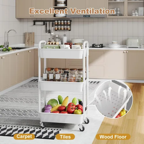Miniatura 9 de Carrito rodante de 3 niveles con ruedas, carrito de plástico blanco de tres niveles con ruedas con cerradura, carrito organizador de almacenamiento