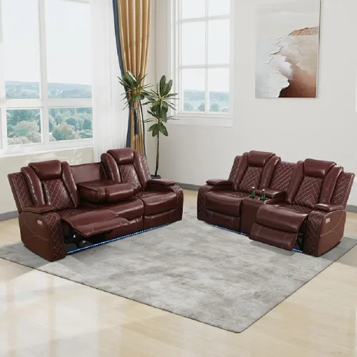 Miniatura 19 de Pon Living - Lujoso juego de sofá reclinable de cuero con LED, juego de sofá reclinable eléctrico, juegos de muebles de sala con portavasos/puerto