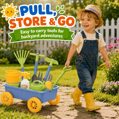 Miniatura 5 de Jardín Wagon & Herramientas juguete Juego Para Niños Con 8 herramientas de jardinería, 4 macetas, cubeta de agua y spray – ideal para playa & Sand