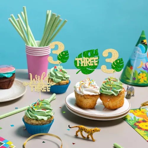 Miniatura 6 de Paquete de 24 adornos para cupcakes de hojas de Monstera con purpurina de safari en la selva, tres púas para cupcakes número 3, decoración de Green-3