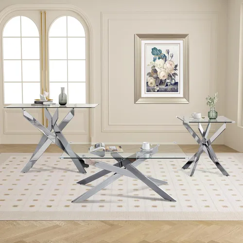 Miniatura 10 de Mesa de centro rectangular moderna de cristal, mesa central de vidrio templado y patas de metal chapado en oro para sala de estar, oficina en casa