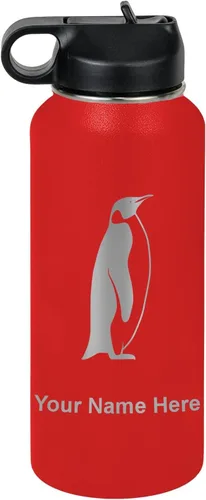 Miniatura 32 de LaserGram Botella de agua personalizada, pingüino, acero inoxidable de doble pared aislada al vacío con popote superior, regalo grabado