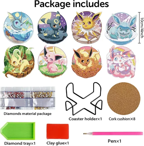 Miniatura 2 de LWZAYS Kit de posavasos de pintura de diamante, paquete de 8 posavasos de arte de diamantes de dibujos animados con soporte, kits de manualidades