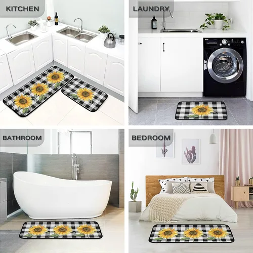 Miniatura 4 de Alfombras de cocina con girasoles para cocina, 2 piezas de búfalo a cuadros, girasol, antifatiga, alfombra antideslizante para piso, alfombra