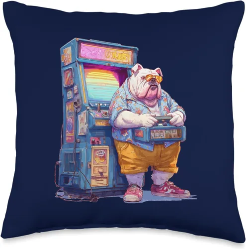 Funny English Bulldog Gamer Dog 80s Retro Arcade Sunglasses Throw Pillow