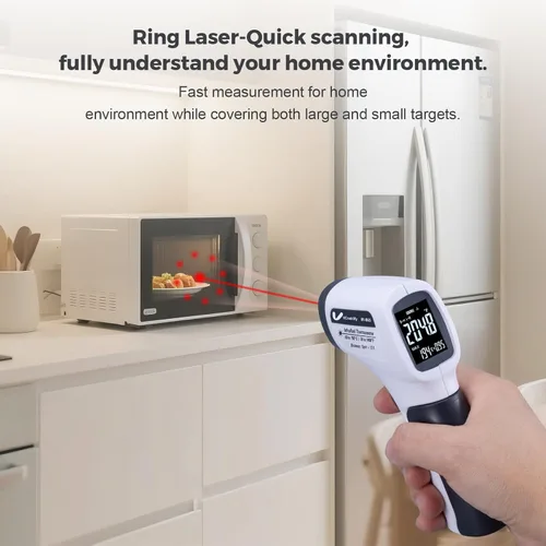 Miniatura 9 de Pistola de temperatura para carne, termómetro infrarrojo automotriz con anillo láser DS12: 1, pistola térmica digital con emisividad ajustable y Gris