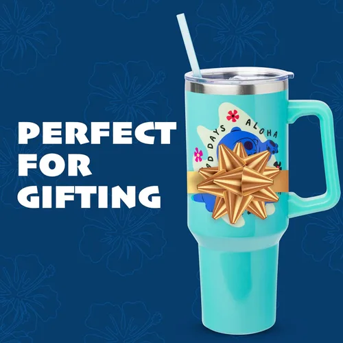Miniatura 7 de Silver Buffalo Disney Lilo and Stitch Aloha - Vaso de acero inoxidable de doble pared con asa y pajilla, se adapta al portavasos estándar, 40 onzas