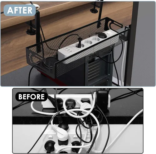 Miniatura 6 de Bandeja de gestión de cables para debajo del escritorio, gestión de cables debajo del escritorio sin taladro, bandeja de gestión de cables con Negro