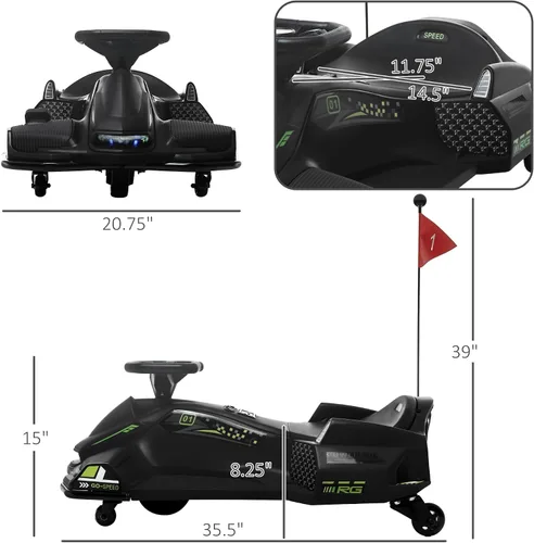 Miniatura 7 de Aosom Go Kart Eléctrico de 12V, Coche de Deriva de 5 MPH, Juguete de Montar con Batería para Exteriores con Arranque Lento, Música, Luces Coloridas