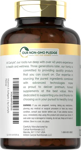Miniatura 3 de Carlyle Cápsulas blandas de vitamina E de 1000 UI con tocoferoles mixtos 120 píldoras Suplemento de origen natural Fórmula sin OMG y sin