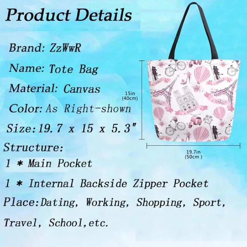 Miniatura 2 de ZzWwR Elegante bolsa de hombro extragrande con estampado para viajes a la playa, fin de semana, gimnasio, compras de comestibles.., Paris Eiffel