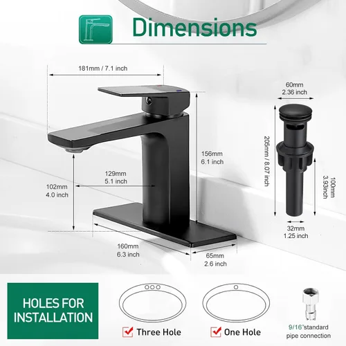 Miniatura 6 de VOTON - Grifo de baño negro con una sola manija para lavabo de baño, 1 agujero, grifo de lavabo para RV, grifo de cambiador con desagüe desplegable