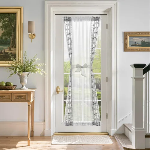 Miniatura 20 de jinchan Cortina de puerta francesa semitransparente con lazos de amarre, cortina de privacidad de gasa bordada floral para puerta de patio, armario