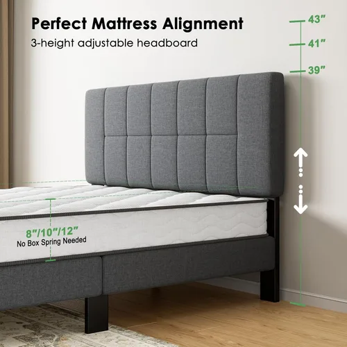 Miniatura 7 de Marsail Base de cama de tamaño matrimonial con cabecero, resistente y duradera con 12 patas de soporte, capacidad de 1300 libras, cabecera tapizada