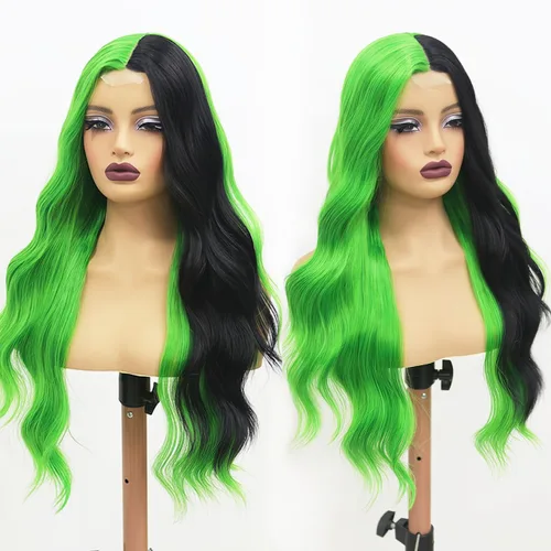 Miniatura 6 de Pelucas sintéticas de encaje frontal verde y negro, pelucas sintéticas de onda larga para mujer, 26 pulgadas (3/4 verde y 1/4 negro)