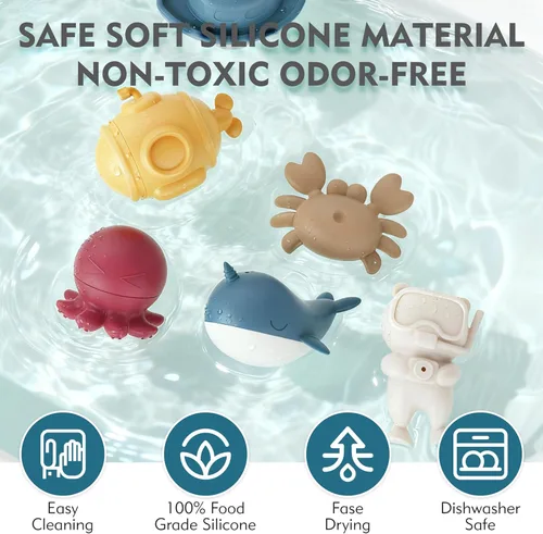 Miniatura 8 de MarcZero Juguetes de baño de silicona oceánica, 8 piezas para niños pequeños, juguetes de agua para la bañera, juguetes de piscina suaves