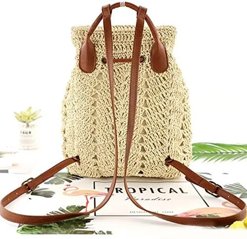 Miniatura 2 de Mochila tejida hecha a mano de paja mediana para mujer, con solapa, con cordón, bolsa de playa, Beige, Mochilas Daypack