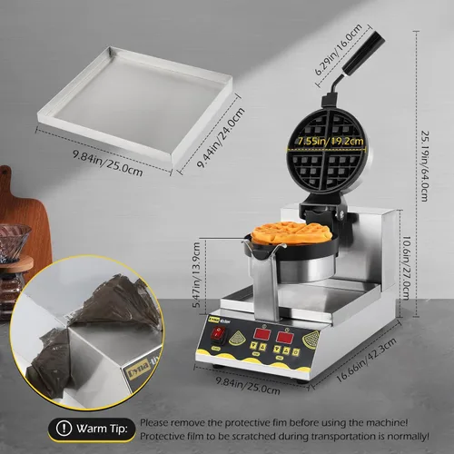Miniatura 3 de Dyna-Living Máquina de gofres belga comercial inteligente redonda giratoria 180° antiadherente Flip Waffle Iron Machine profesional comercial