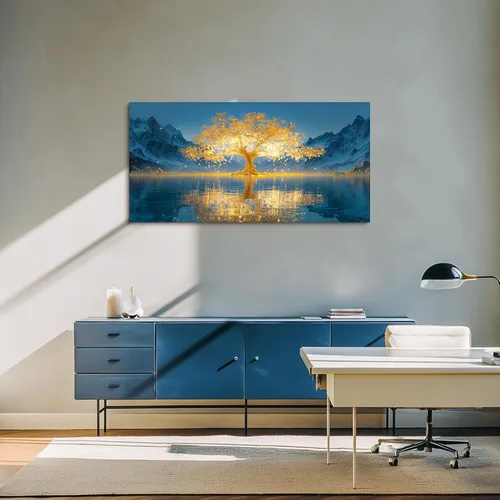 Miniatura 2 de SLYCAY Lienzo grande con árbol de la vida dorado para pared, pintura de paisaje, naturaleza, nieve, montaña, lago, paisaje, decoración de pared