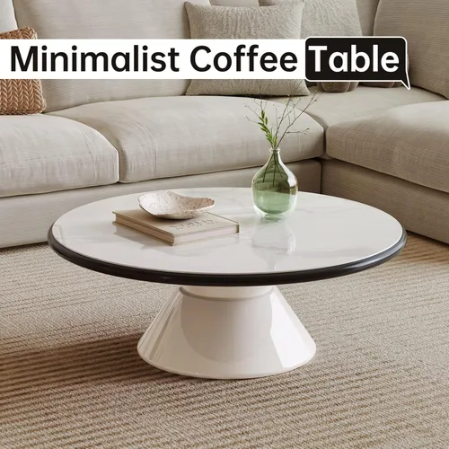 Miniatura 3 de Mesa auxiliar redonda con aspecto de mármol sintético, mesa central blanca con pedestal estable, mesa de comedor moderna de vidrio templado