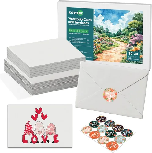 Miniatura 9 de Paquete de 30 tarjetas de acuarela en blanco con sobres de 5 x 7 pulgadas, 140 libras/10.58 oz/m², 100 % algodón, no plegado, sin ácidos, papel