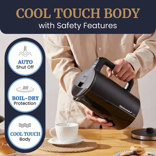 Miniatura 2 de Elite Gourmet Hervidor Eléctrico de 1.7L con Toque Frío de 1500W, Hervido Rápido, Completamente de Acero Inoxidable con Tapa y Interior Libre