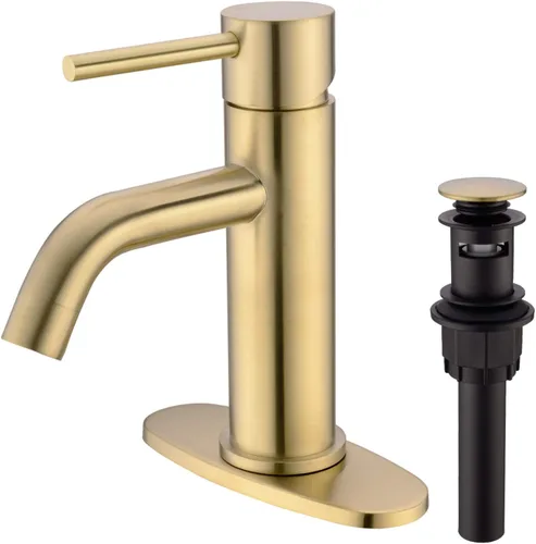 TRUSTMI Grifo de baño de oro cepillado de un solo agujero, grifo de latón moderno para fregadero de baño, placa de cubierta de 6 pulgadas y drenaje