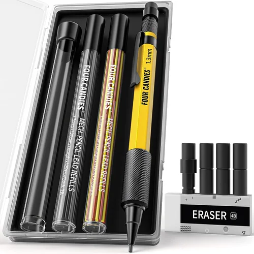 Miniatura 15 de Four Candies Juego de lápices mecánicos de 1.3mm con 24 repuestos de plomo, lápiz de carpintero de metal resistente a la intemperie para uso pesado