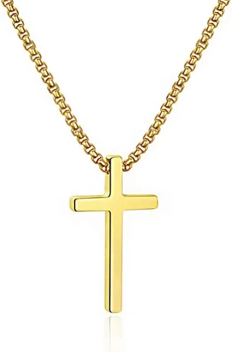M MOOHAM- Collar con dije de cruz de acero inoxidable para hombre, cadena de eslabones cuadrados de 16 a 30 pulgadas, color plateado, negro, dorado