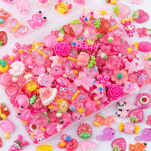 Miniatura 10 de 100 dijes de slime de gelatina de resina con parte trasera plana para slime, dijes Kawaii aleatorios para adornos de teléfono, caja de basura a