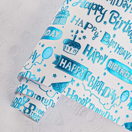Miniatura 8 de Homeral Rollo de papel de regalo azul para cumpleaños - 17 pulgadas x 16.5 pies, con letras reversibles de "Feliz Cumpleaños" y velas coloridas.