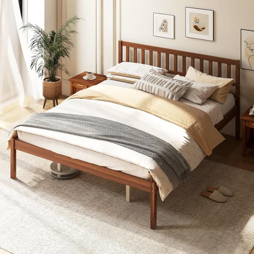 Miniatura 10 de Giantex Base de cama individual con cabecero, cama de plataforma de madera maciza con soporte de listones de madera, cama individual
