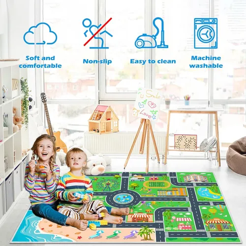 Miniatura 3 de Alfombra de juego para niños, alfombra de automóvil para autos y trenes de juguete para niños, alfombra de juego antideslizante para sala