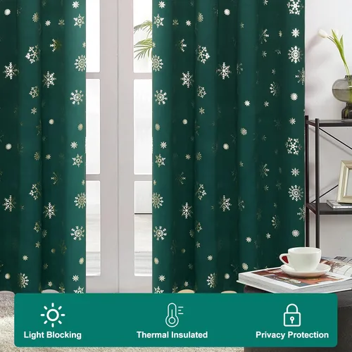 Miniatura 5 de FRAMICS Cortinas de Navidad con estampado de copos de nieve dorados en papel de aluminio, cortinas opacas con aislamiento térmico para sala de estar