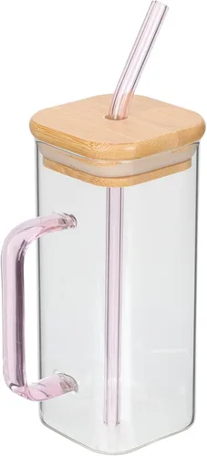 Luxshiny Vaso de vidrio transparente con asa y tapa, vaso de bebida de 5.31 pulgadas para jugo de leche, agua, café helado, vaso para el hogar y la