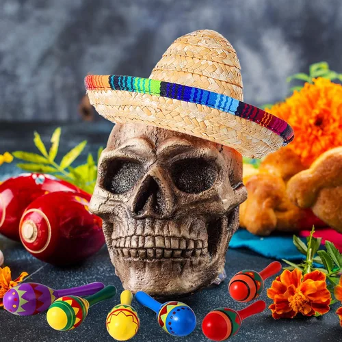 Miniatura 6 de 12 maracas de madera de colores y 6 sombreros de mini sombrero, recuerdos de fiesta mexicana y suministros para carnavales